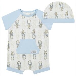 •NIP•Peter Rabbit Baby Boy Short Sleeve Romper with Hat to Match- 12 MONTH